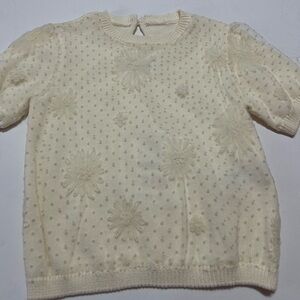Zara Cream Floral Dot Knit Short Sleeve Top